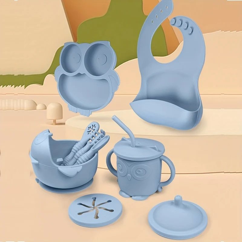 Set Di Alimenti Per Lo Svezzamento Del Bambino| Forniture Per L'alimentazione Del Bambino| Set Cibo Per Bambini| Bavaglino In Silicone, Ciotola, Tazza Con Beccuccio Con Coperchio Per Snack, Piatto Fox Diviso E Utensili| Prima Fase Della Vita