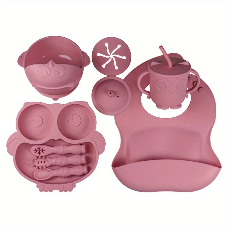 Set Di Alimenti Per Lo Svezzamento Del Bambino| Forniture Per L'alimentazione Del Bambino| Set Cibo Per Bambini| Bavaglino In Silicone, Ciotola, Tazza Con Beccuccio Con Coperchio Per Snack, Piatto Fox Diviso E Utensili| Prima Fase Della Vita