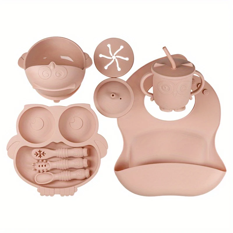 Set Di Alimenti Per Lo Svezzamento Del Bambino| Forniture Per L'alimentazione Del Bambino| Set Cibo Per Bambini| Bavaglino In Silicone, Ciotola, Tazza Con Beccuccio Con Coperchio Per Snack, Piatto Fox Diviso E Utensili| Prima Fase Della Vita