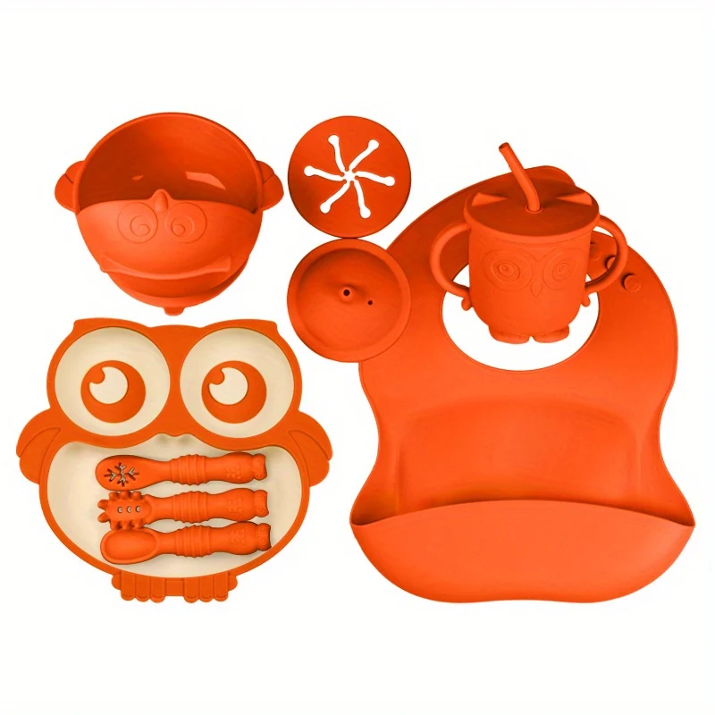Set Di Alimenti Per Lo Svezzamento Del Bambino| Forniture Per L'alimentazione Del Bambino| Set Cibo Per Bambini| Bavaglino In Silicone, Ciotola, Tazza Con Beccuccio Con Coperchio Per Snack, Piatto Fox Diviso E Utensili| Prima Fase Della Vita