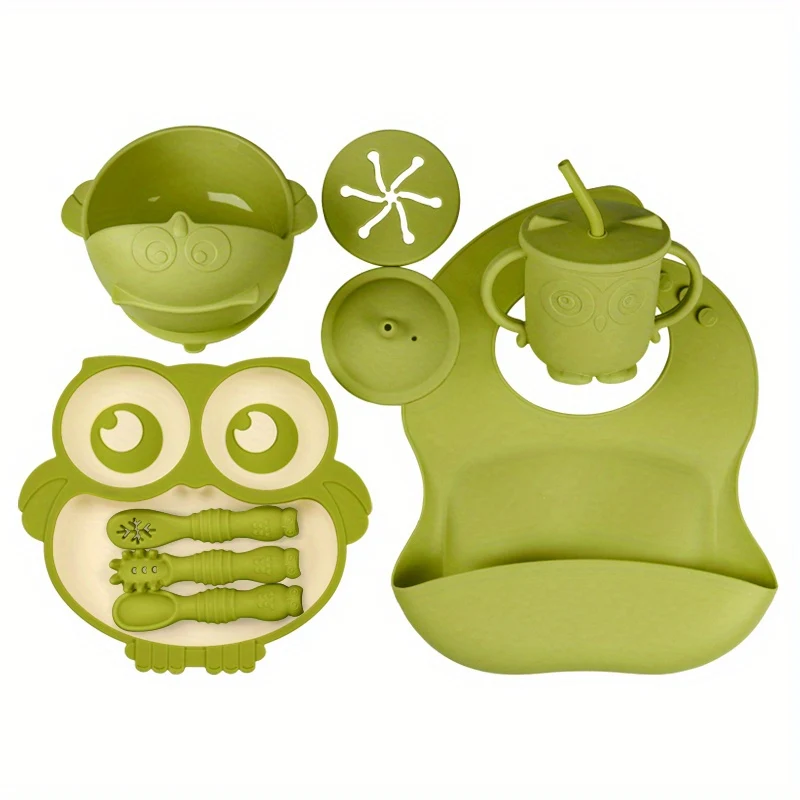Set Di Alimenti Per Lo Svezzamento Del Bambino| Forniture Per L'alimentazione Del Bambino| Set Cibo Per Bambini| Bavaglino In Silicone, Ciotola, Tazza Con Beccuccio Con Coperchio Per Snack, Piatto Fox Diviso E Utensili| Prima Fase Della Vita