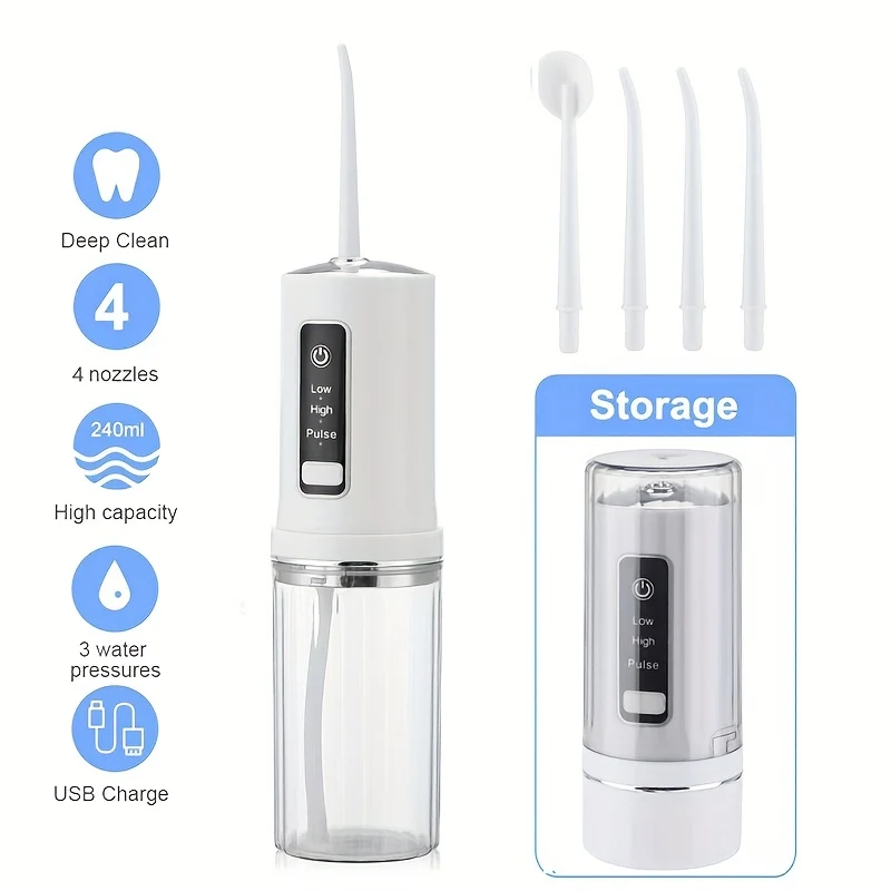 Irrigatore Per Filo Interdentale Portatile Ricaricabile 4 In 1, Irrigatore Orale Da 230 Ml, 3 Modalità, Per La Cura Quotidiana Dei Denti Di Uomini E Donne