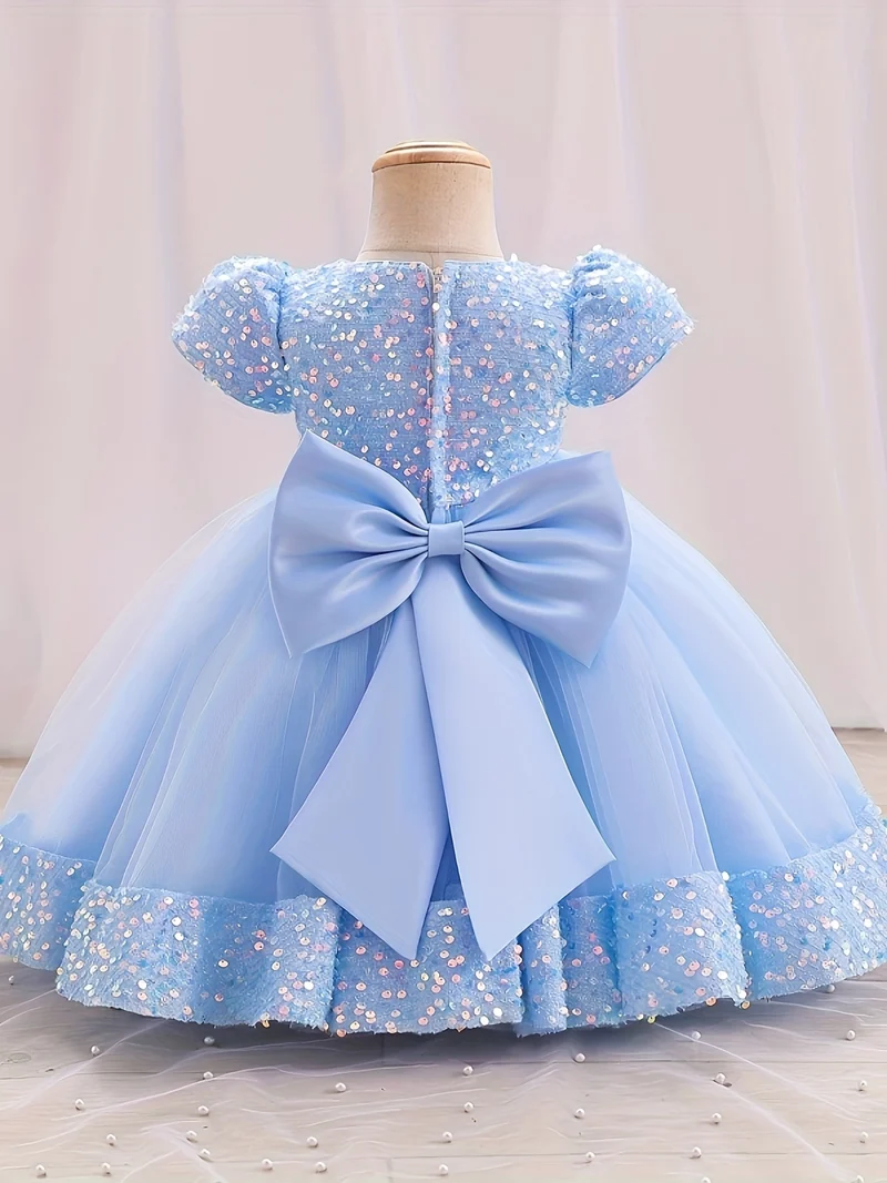 Gorgeour Sequin Flower Decor Puff Manica Corta Tutu Vestito Vestito Principessa Ragazze Bambini Abbigliamento Festa Natale