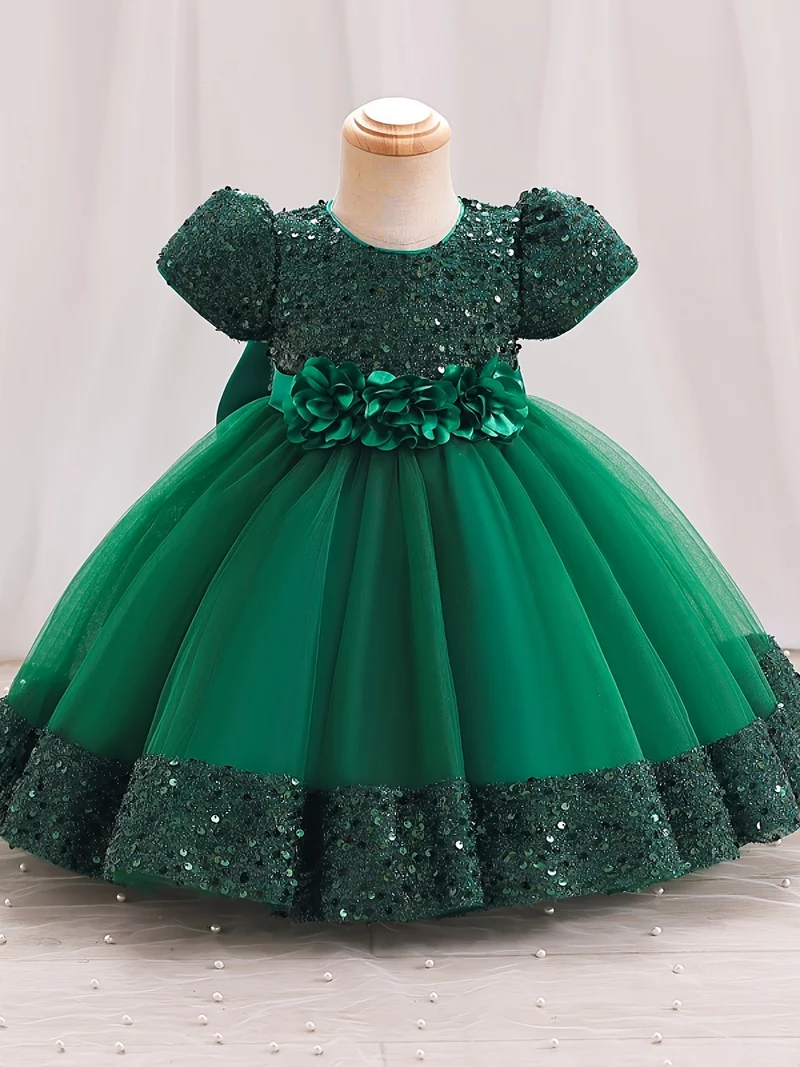 Gorgeour Sequin Flower Decor Puff Manica Corta Tutu Vestito Vestito Principessa Ragazze Bambini Abbigliamento Festa Natale