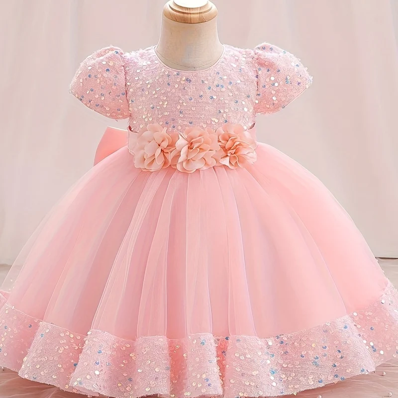 Gorgeour Sequin Flower Decor Puff Manica Corta Tutu Vestito Vestito Principessa Ragazze Bambini Abbigliamento Festa Natale