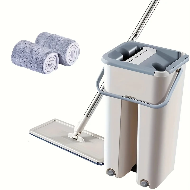 1 Set Flat Floor Mop Bucket Set Con 2 Panni In Microfibra, Facile Pulizia Con Secchio Auto-Strizzante Bagnato E Asciutto, Per La Pulizia Di Pavimenti In Laminato, Legno Duro E Piastrelle