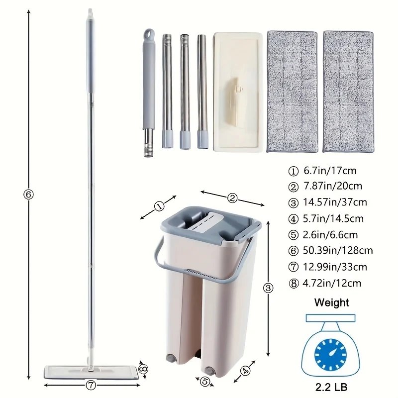 1 Set Flat Floor Mop Bucket Set Con 2 Panni In Microfibra, Facile Pulizia Con Secchio Auto-Strizzante Bagnato E Asciutto, Per La Pulizia Di Pavimenti In Laminato, Legno Duro E Piastrelle