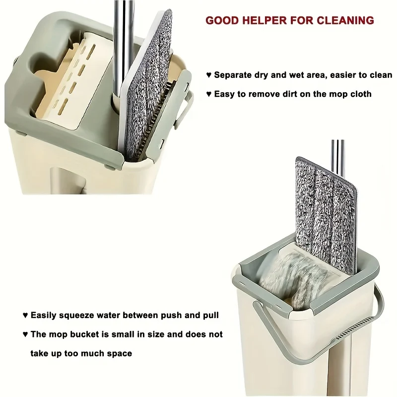 1 Set Flat Floor Mop Bucket Set Con 2 Panni In Microfibra, Facile Pulizia Con Secchio Auto-Strizzante Bagnato E Asciutto, Per La Pulizia Di Pavimenti In Laminato, Legno Duro E Piastrelle