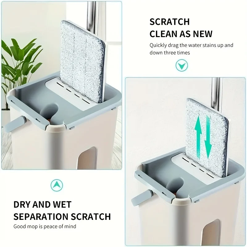 1 Set Flat Floor Mop Bucket Set Con 2 Panni In Microfibra, Facile Pulizia Con Secchio Auto-Strizzante Bagnato E Asciutto, Per La Pulizia Di Pavimenti In Laminato, Legno Duro E Piastrelle