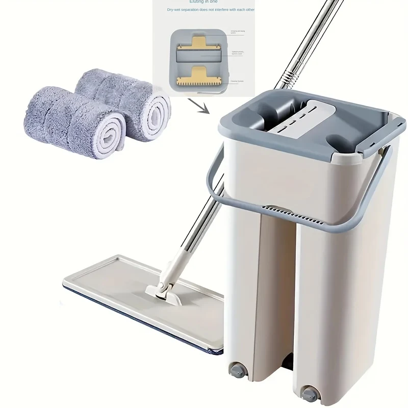 1 Set Flat Floor Mop Bucket Set Con 2 Panni In Microfibra, Facile Pulizia Con Secchio Auto-Strizzante Bagnato E Asciutto, Per La Pulizia Di Pavimenti In Laminato, Legno Duro E Piastrelle