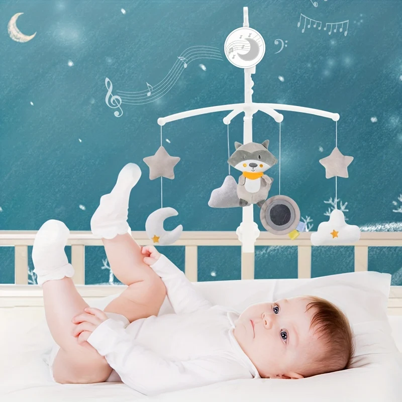 Culla si muove con musica rilassante, culla musicale a forma di procione con timer per giocattoli per la nursery per bambini di 0 anni e oltre