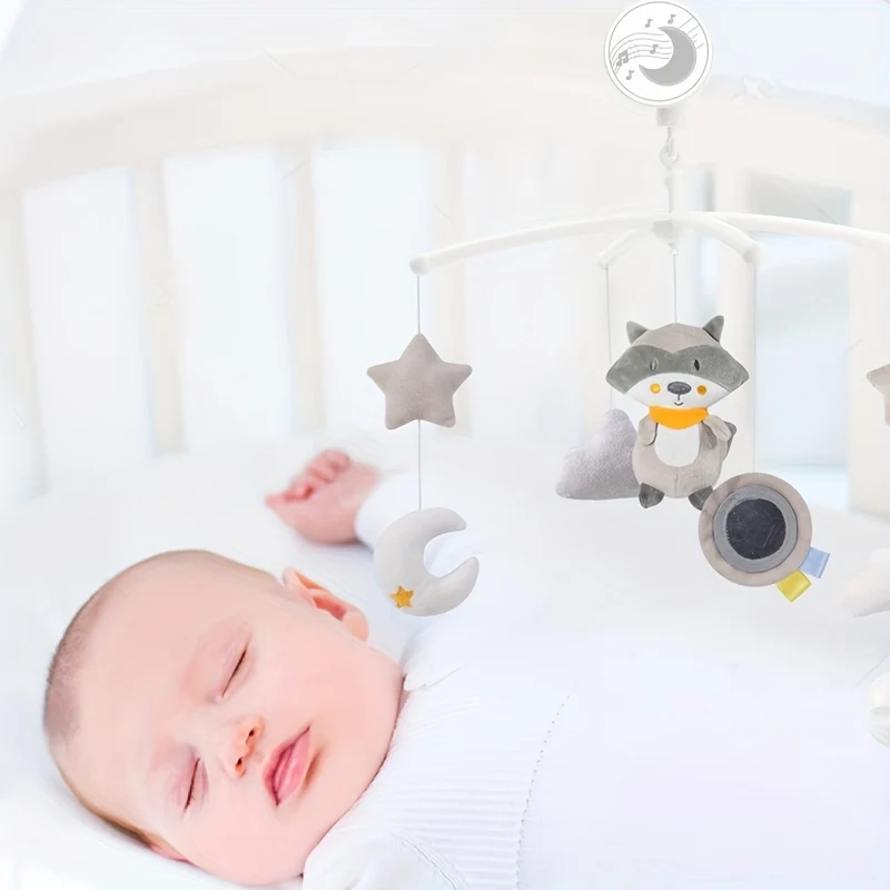 Culla si muove con musica rilassante, culla musicale a forma di procione con timer per giocattoli per la nursery per bambini di 0 anni e oltre