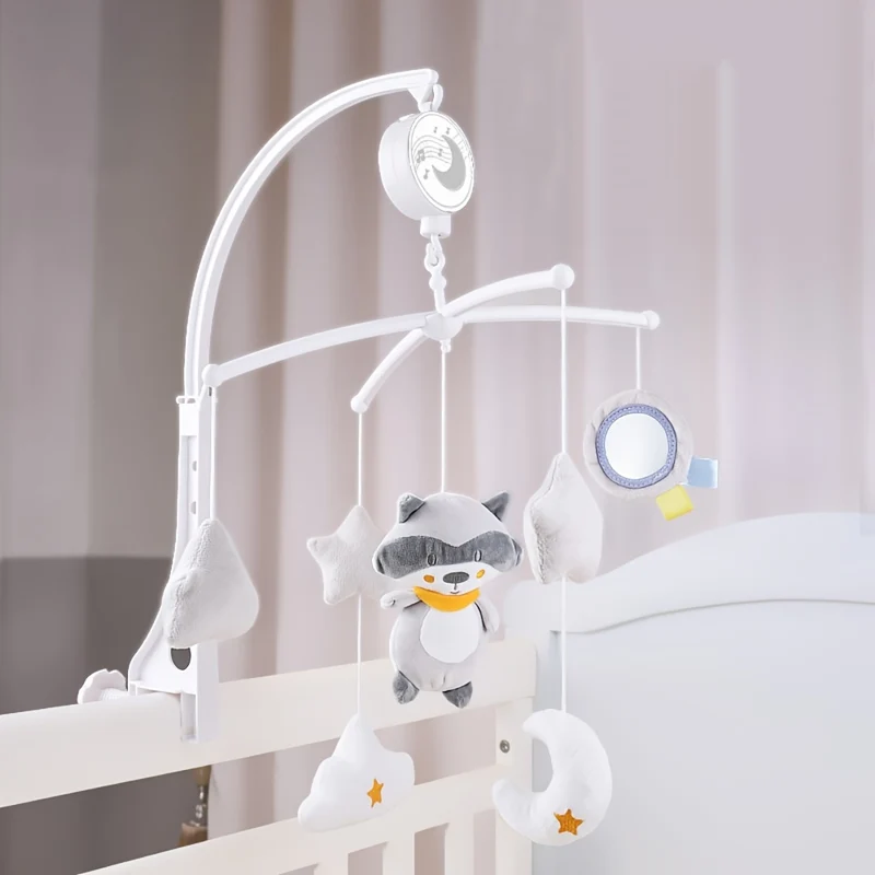 Culla si muove con musica rilassante, culla musicale a forma di procione con timer per giocattoli per la nursery per bambini di 0 anni e oltre