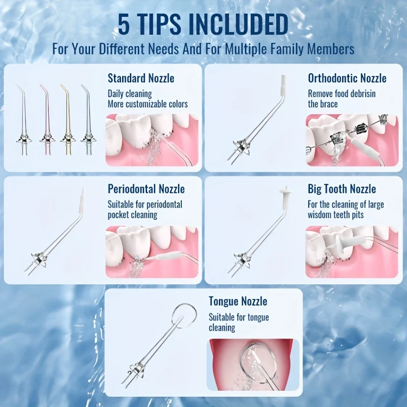 Idropulsore elettrico per la casa Flosser portatile Usb Scaler ricaricabile Strumento dentale per pulizia dei denti di grande capacità con 5 ugelli