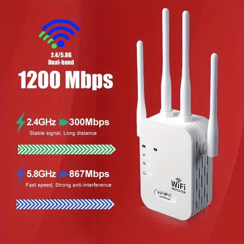 Estensore WiFi, Amplificatore Di Segnale, Potenzia Il Segnale A 300 Mbps WiFi 2,4 E 5 GHz Dual Band (8500 Piedi Quadrati), Forte Penetrazione Del Segnale, Supporta 35 Dispositivi, 4 Modalità, Configurazione Con 1 Tocco, 4 Antenne Per Copertura A 360°