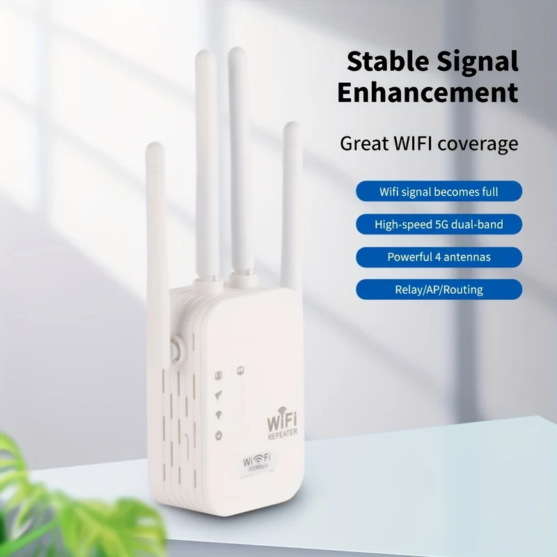 Estensore WiFi, Amplificatore Di Segnale, Potenzia Il Segnale A 300 Mbps WiFi 2,4 E 5 GHz Dual Band (8500 Piedi Quadrati), Forte Penetrazione Del Segnale, Supporta 35 Dispositivi, 4 Modalità, Configurazione Con 1 Tocco, 4 Antenne Per Copertura A 360°