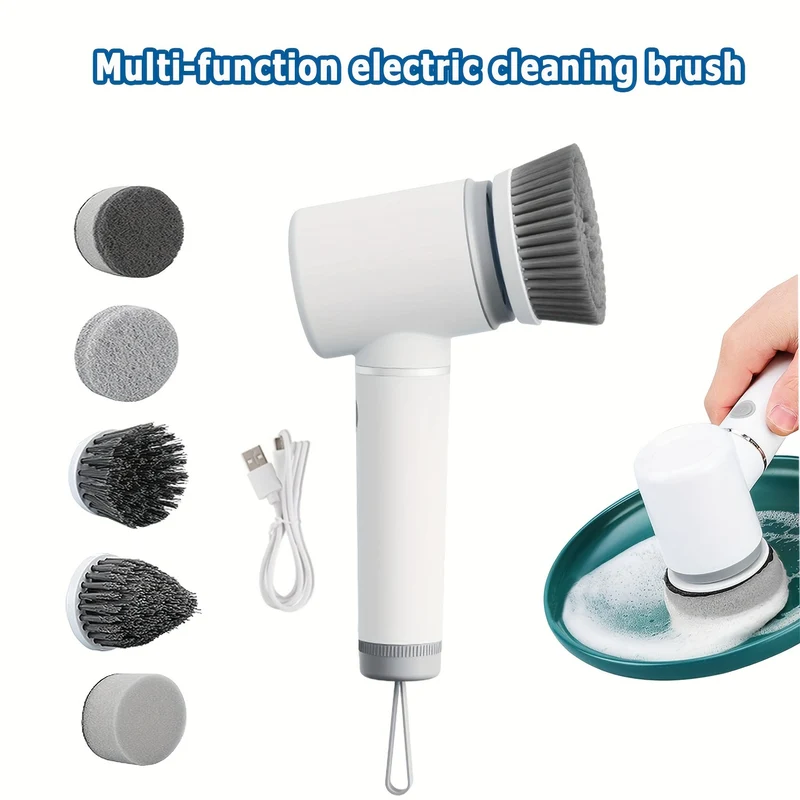 1 Set, 6 Testine Spazzola Elettrica Per La Pulizia, 300/350RPM, 200 Minuti Di Autonomia, Spazzola Per La Pulizia Di Pentole Elettrica USB Multifunzione Ricaricabile Adatta Per Cucina Bagno Spazzola Per Piatti