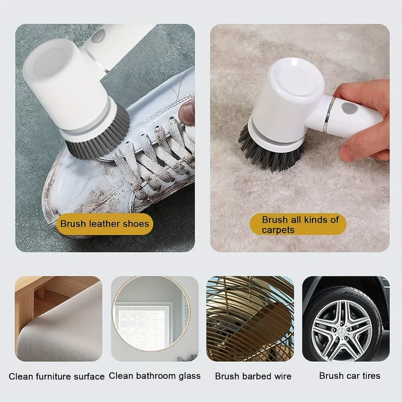 1 Set, 6 Testine Spazzola Elettrica Per La Pulizia, 300/350RPM, 200 Minuti Di Autonomia, Spazzola Per La Pulizia Di Pentole Elettrica USB Multifunzione Ricaricabile Adatta Per Cucina Bagno Spazzola Per Piatti
