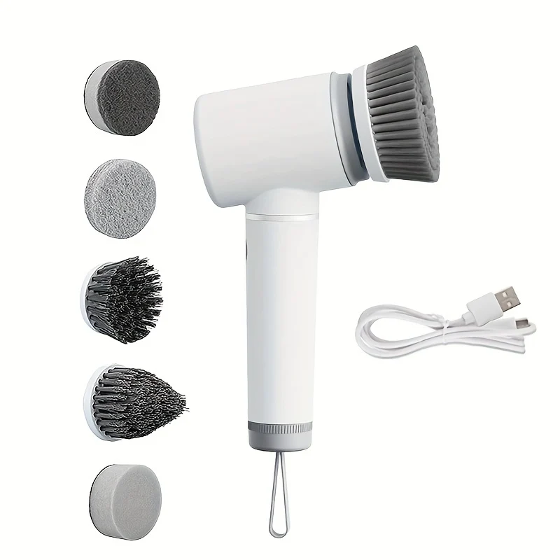 1 Set, 6 Testine Spazzola Elettrica Per La Pulizia, 300/350RPM, 200 Minuti Di Autonomia, Spazzola Per La Pulizia Di Pentole Elettrica USB Multifunzione Ricaricabile Adatta Per Cucina Bagno Spazzola Per Piatti