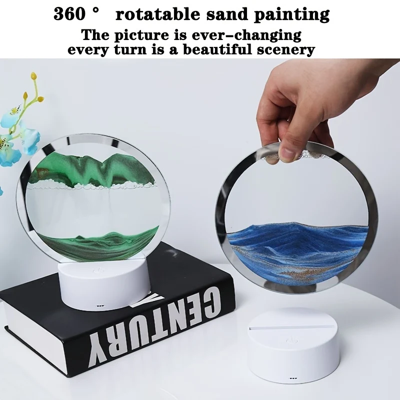 1pc Immagine d'arte in movimento di sabbia, decorazione di clessidra rotante a 360°, paesaggio marino 3D in movimento in vetro rotondo che scorre sabbia per la decorazione di casa e ufficio