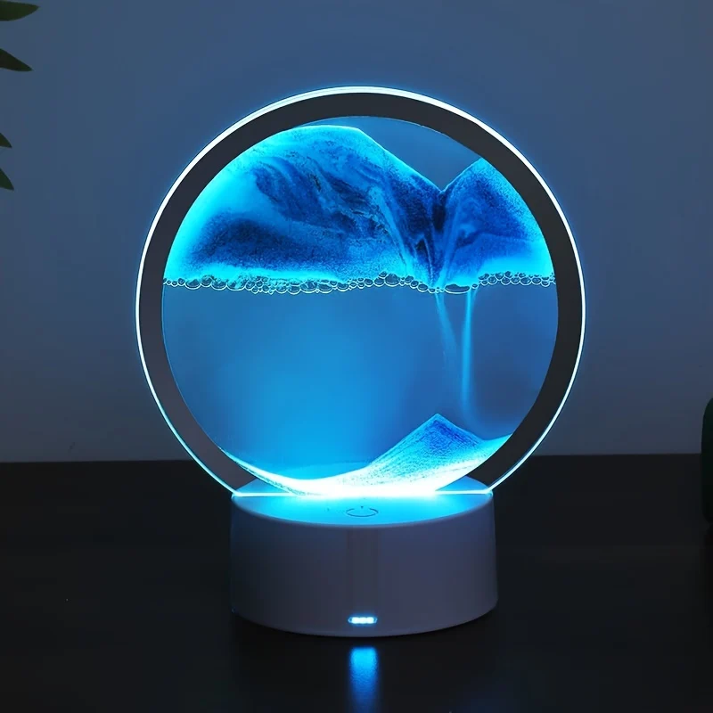 1pc Immagine d'arte in movimento di sabbia, decorazione di clessidra rotante a 360°, paesaggio marino 3D in movimento in vetro rotondo che scorre sabbia per la decorazione di casa e ufficio