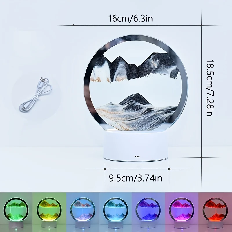 1pc Immagine d'arte in movimento di sabbia, decorazione di clessidra rotante a 360°, paesaggio marino 3D in movimento in vetro rotondo che scorre sabbia per la decorazione di casa e ufficio