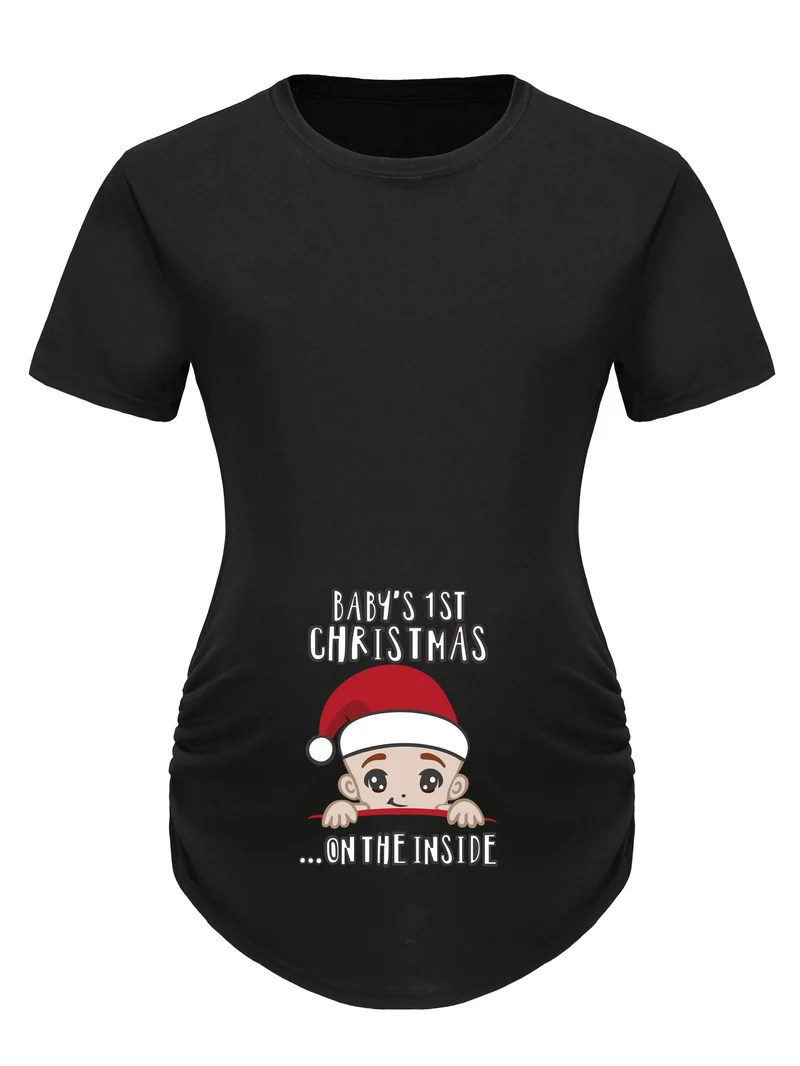 T-shirt premaman da donna alla moda e carina con stampa cappello di Natale, top da gravidanza casual traspirante per esterno
