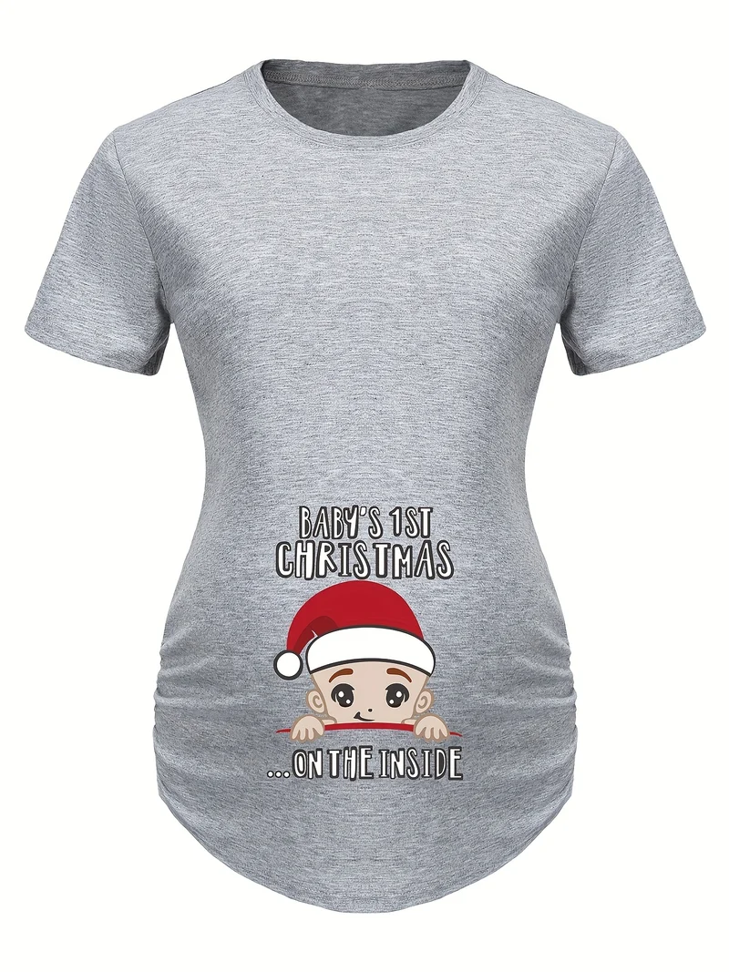 T-shirt premaman da donna alla moda e carina con stampa cappello di Natale, top da gravidanza casual traspirante per esterno