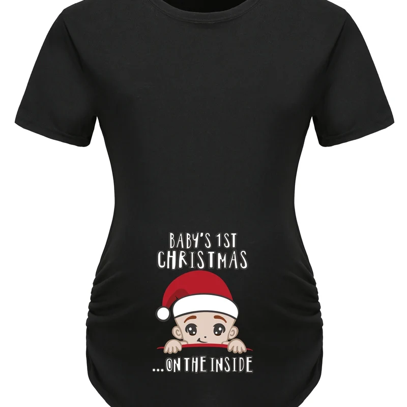 T-shirt premaman da donna alla moda e carina con stampa cappello di Natale, top da gravidanza casual traspirante per esterno