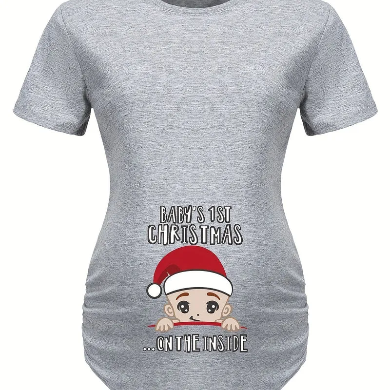 T-shirt premaman da donna alla moda e carina con stampa cappello di Natale, top da gravidanza casual traspirante per esterno