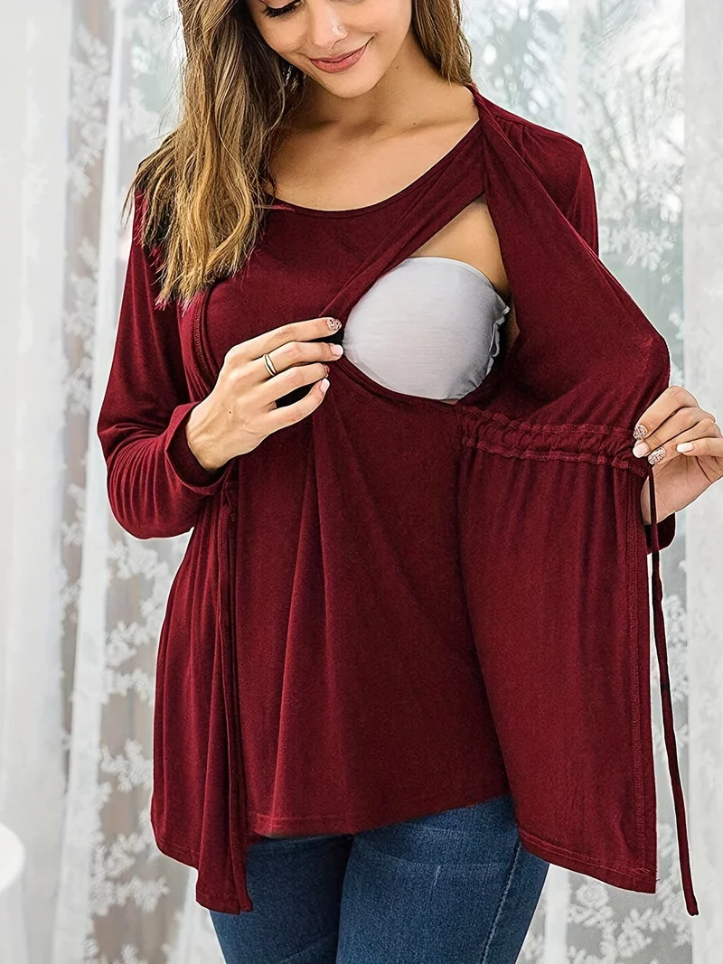 Elegant Maternity Side Split Lunga Manica Top Da Allattamento Tunic Blusa Da Allattamento
