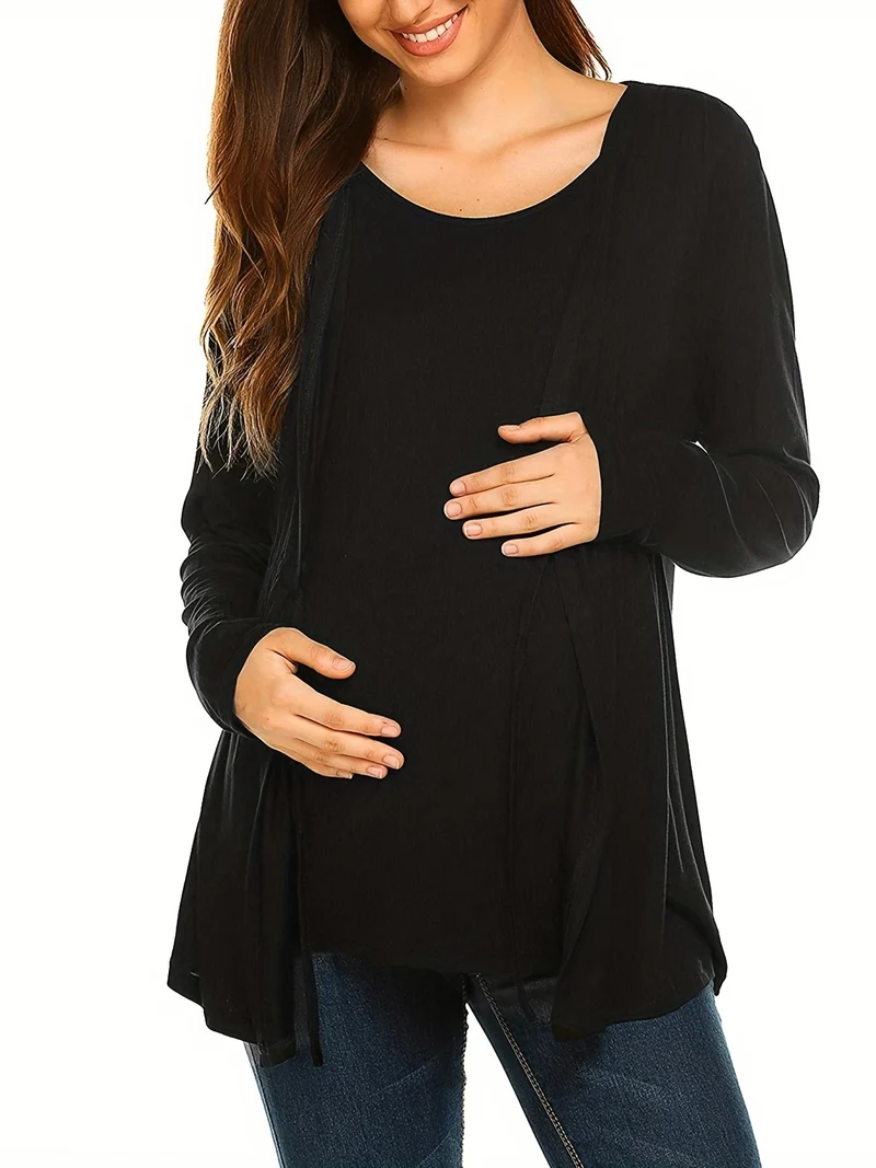 Elegant Maternity Side Split Lunga Manica Top Da Allattamento Tunic Blusa Da Allattamento