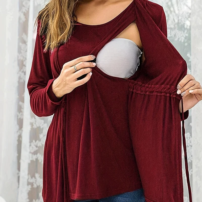 Elegant Maternity Side Split Lunga Manica Top Da Allattamento Tunic Blusa Da Allattamento