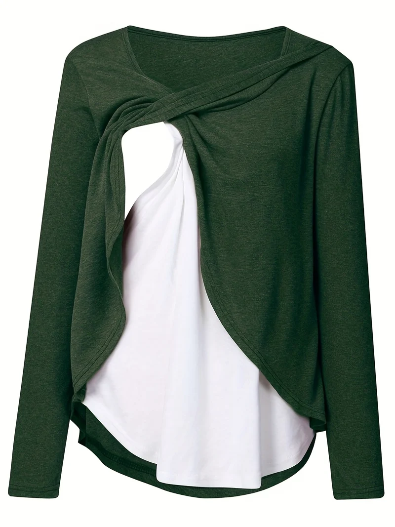 Donna Maternità Trendy Maglietta Color Block Due Pezzi, Allattamento & Postpartum Tees Front Open, Crew Neck Elegante Loose Mid Stretch Gravidanza Manica Lunga Top Per Outdoor
