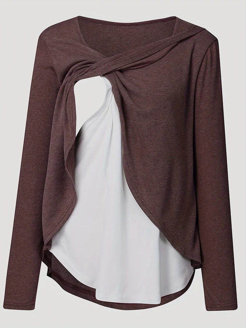 Donna Maternità Trendy Maglietta Color Block Due Pezzi, Allattamento & Postpartum Tees Front Open, Crew Neck Elegante Loose Mid Stretch Gravidanza Manica Lunga Top Per Outdoor