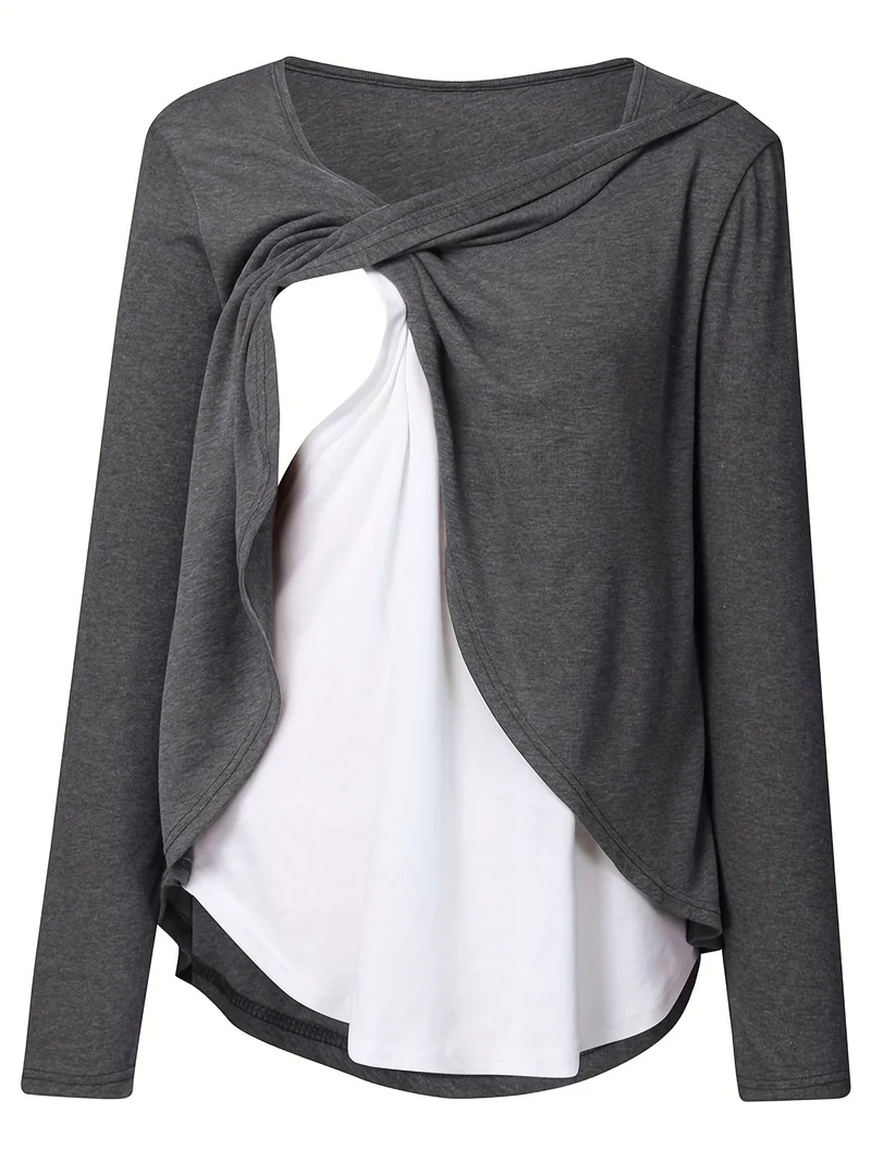 Donna Maternità Trendy Maglietta Color Block Due Pezzi, Allattamento & Postpartum Tees Front Open, Crew Neck Elegante Loose Mid Stretch Gravidanza Manica Lunga Top Per Outdoor