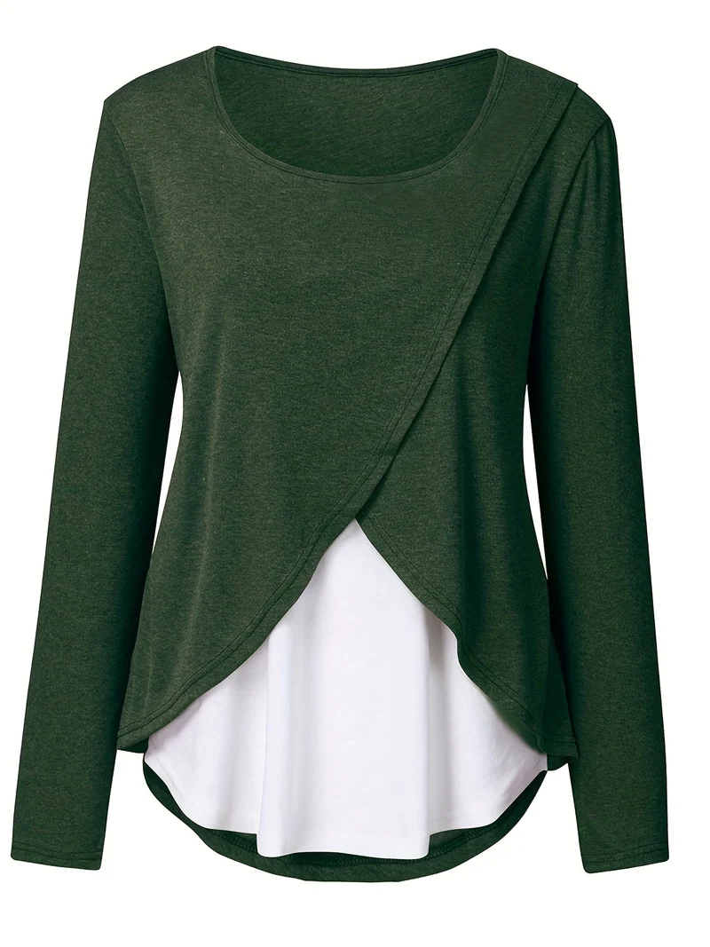 Donna Maternità Trendy Maglietta Color Block Due Pezzi, Allattamento & Postpartum Tees Front Open, Crew Neck Elegante Loose Mid Stretch Gravidanza Manica Lunga Top Per Outdoor