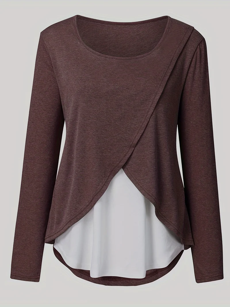 Donna Maternità Trendy Maglietta Color Block Due Pezzi, Allattamento & Postpartum Tees Front Open, Crew Neck Elegante Loose Mid Stretch Gravidanza Manica Lunga Top Per Outdoor