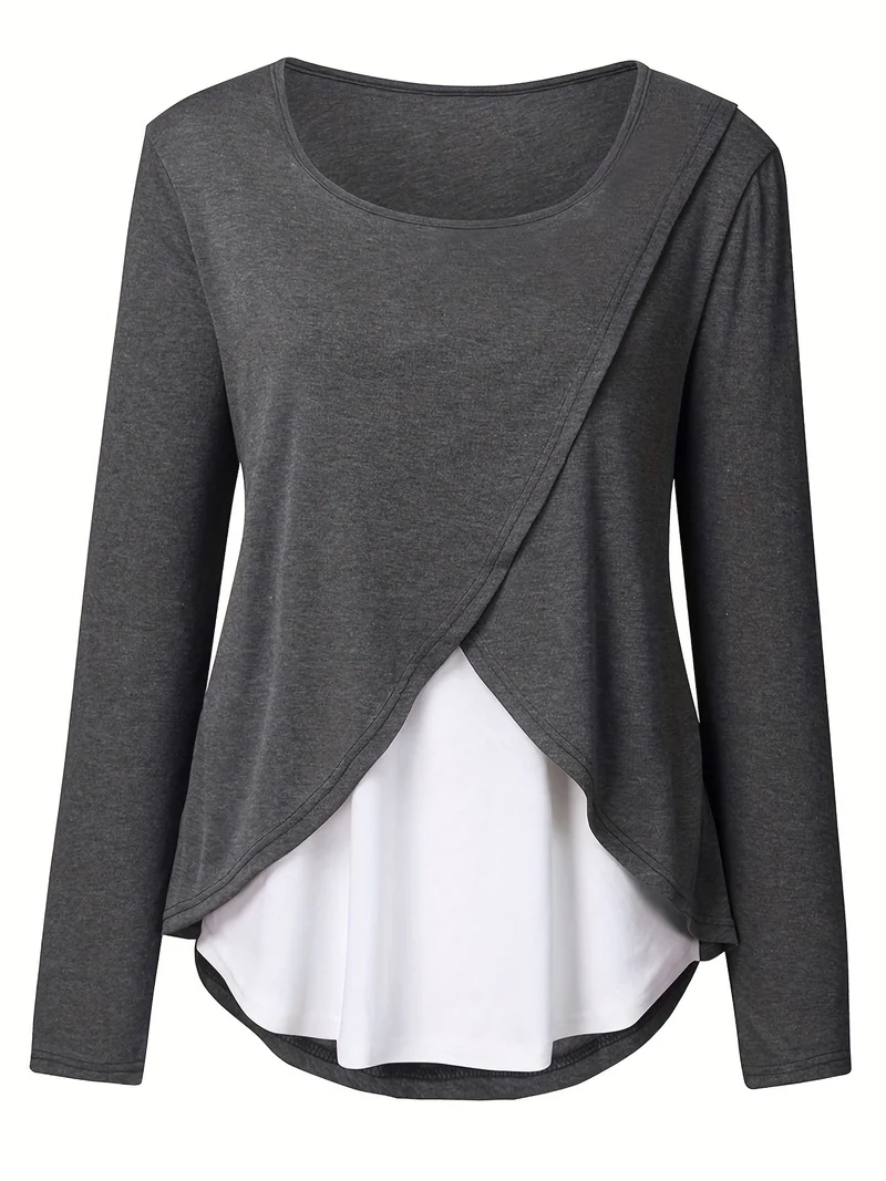 Donna Maternità Trendy Maglietta Color Block Due Pezzi, Allattamento & Postpartum Tees Front Open, Crew Neck Elegante Loose Mid Stretch Gravidanza Manica Lunga Top Per Outdoor