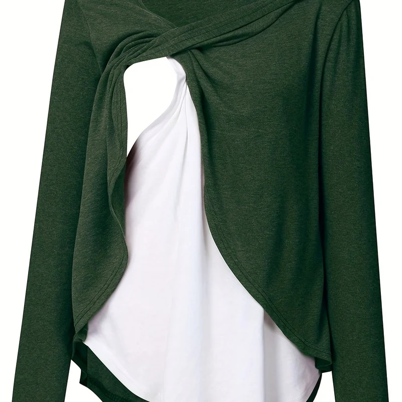Donna Maternità Trendy Maglietta Color Block Due Pezzi, Allattamento & Postpartum Tees Front Open, Crew Neck Elegante Loose Mid Stretch Gravidanza Manica Lunga Top Per Outdoor
