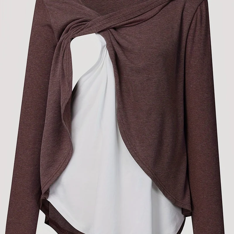 Donna Maternità Trendy Maglietta Color Block Due Pezzi, Allattamento & Postpartum Tees Front Open, Crew Neck Elegante Loose Mid Stretch Gravidanza Manica Lunga Top Per Outdoor