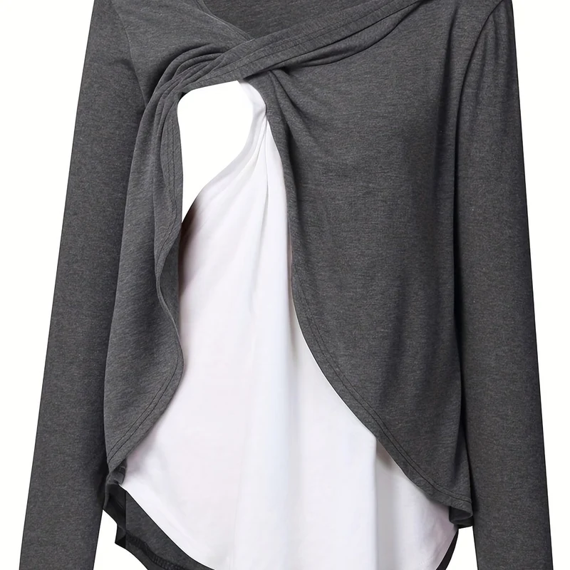 Donna Maternità Trendy Maglietta Color Block Due Pezzi, Allattamento & Postpartum Tees Front Open, Crew Neck Elegante Loose Mid Stretch Gravidanza Manica Lunga Top Per Outdoor