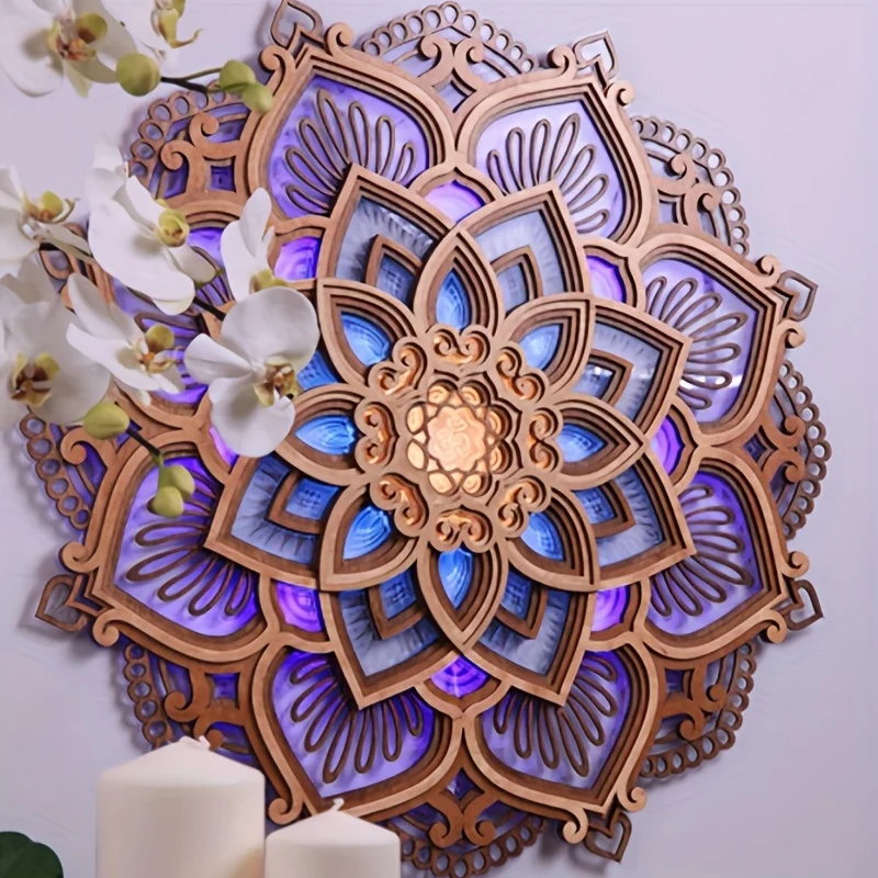 1pc Mandala Yoga Room Night Light LED Multistrato Di Legno Creativo A Forma Di Loto Luce D'atmosfera Soggiorno Camera Da Letto Bagno Cucina Decorazione Della Parete