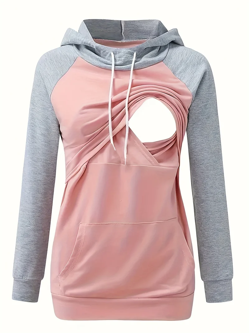 Felpe Con Cappuccio Premaman Con Colori A Contrasto Da Donna Felpa Con Cappuccio Alla Moda Top Per Allattamento Al Seno Per L'autunno Inverno, Abbigliamento Per Donne Incinte