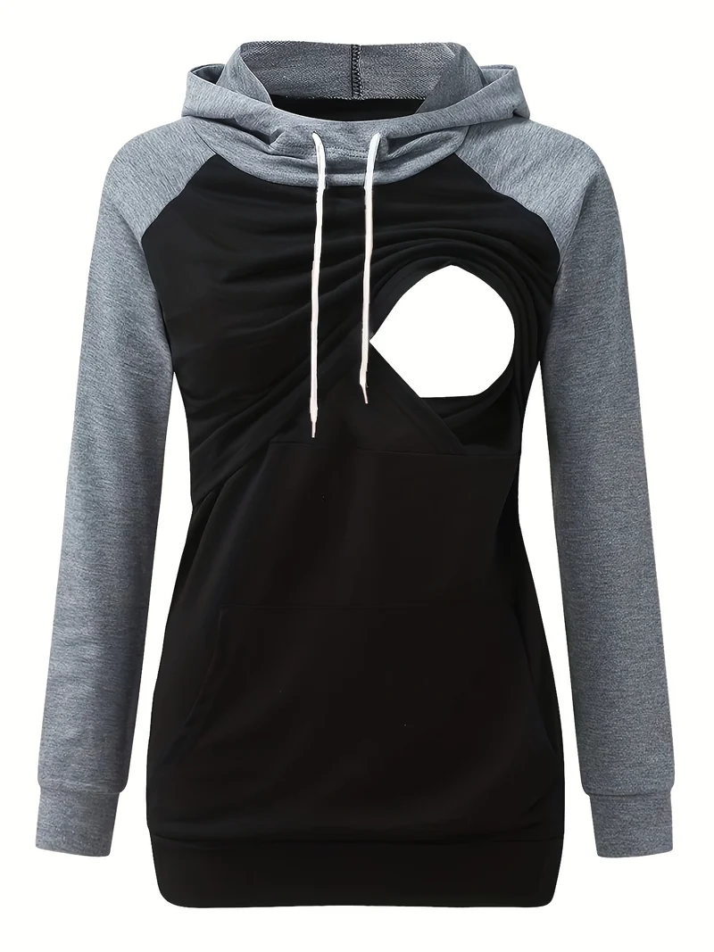 Felpe Con Cappuccio Premaman Con Colori A Contrasto Da Donna Felpa Con Cappuccio Alla Moda Top Per Allattamento Al Seno Per L'autunno Inverno, Abbigliamento Per Donne Incinte