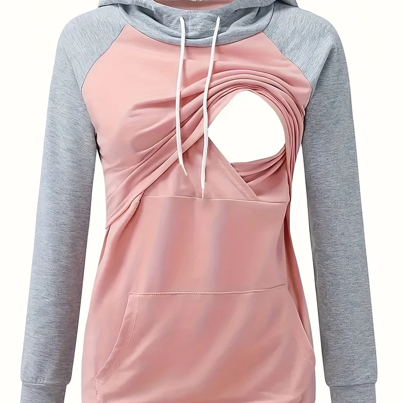 Felpe Con Cappuccio Premaman Con Colori A Contrasto Da Donna Felpa Con Cappuccio Alla Moda Top Per Allattamento Al Seno Per L'autunno Inverno, Abbigliamento Per Donne Incinte