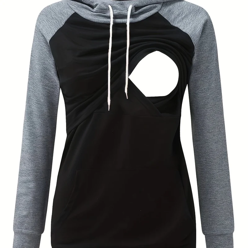 Felpe Con Cappuccio Premaman Con Colori A Contrasto Da Donna Felpa Con Cappuccio Alla Moda Top Per Allattamento Al Seno Per L'autunno Inverno, Abbigliamento Per Donne Incinte