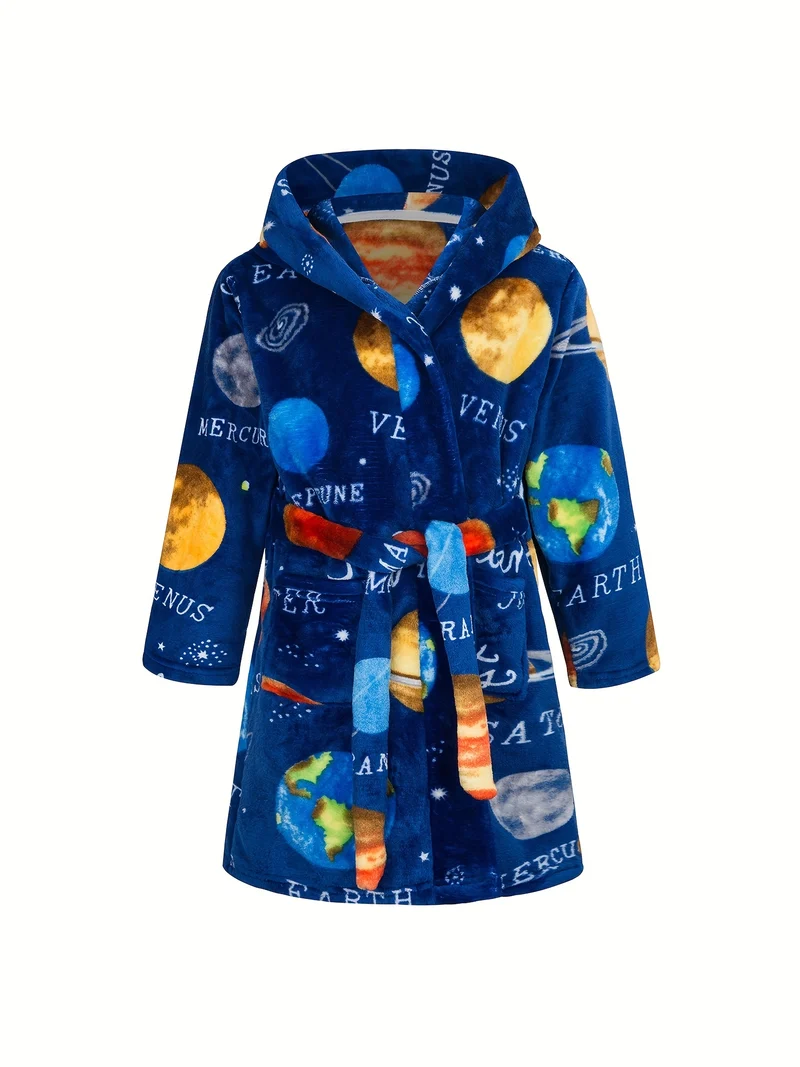 Kids Flanella Accappatoi Ragazzi Cappuccio Robes Morbido Astronauta Pianeta Stampa Abbigliamento Da Notte Bambini Abbigliamento