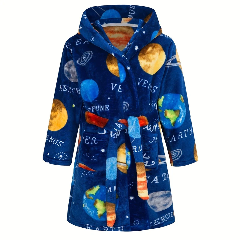 Kids Flanella Accappatoi Ragazzi Cappuccio Robes Morbido Astronauta Pianeta Stampa Abbigliamento Da Notte Bambini Abbigliamento