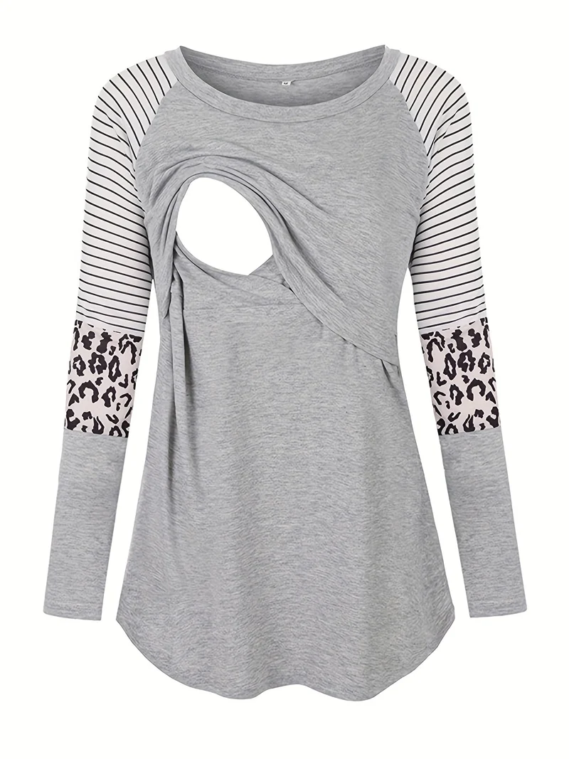 Maglietta Per Allattamento A Righe E Leopardi Per Maternità Da Donna, A Maniche Lunghe Per La Primavera/autunno, Abbigliamento Per Donne In Gravidanza